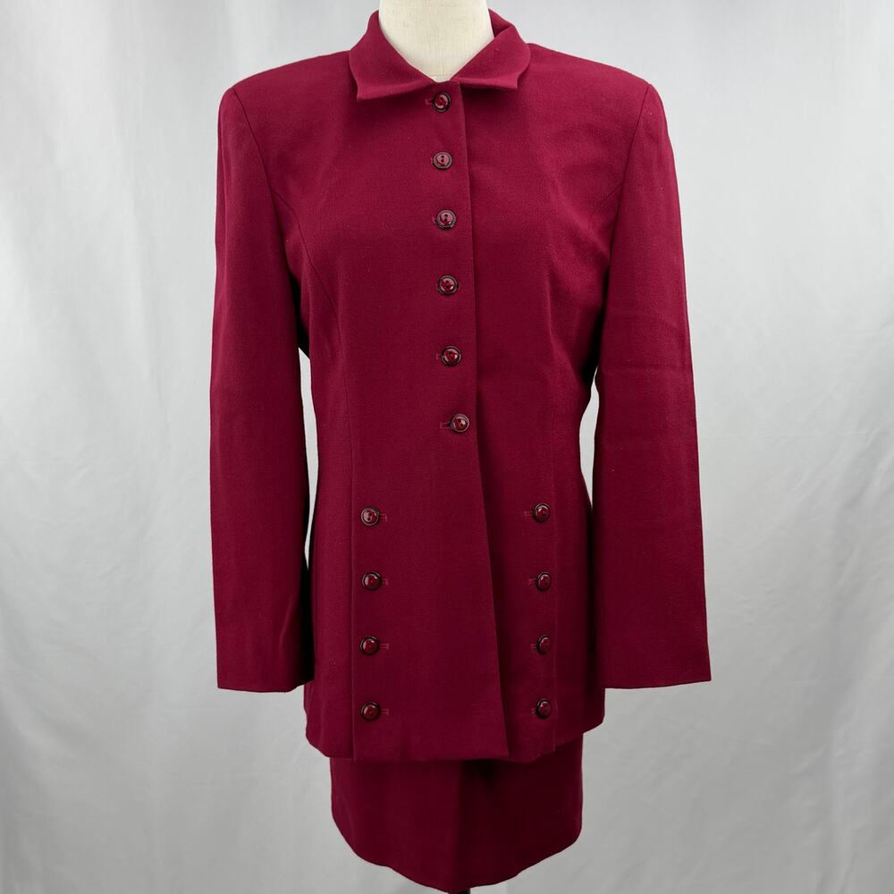 Vintage 90s Francess & Rita‎ Red Wool Skirt Suit Set Blazer Pencil USA 10P